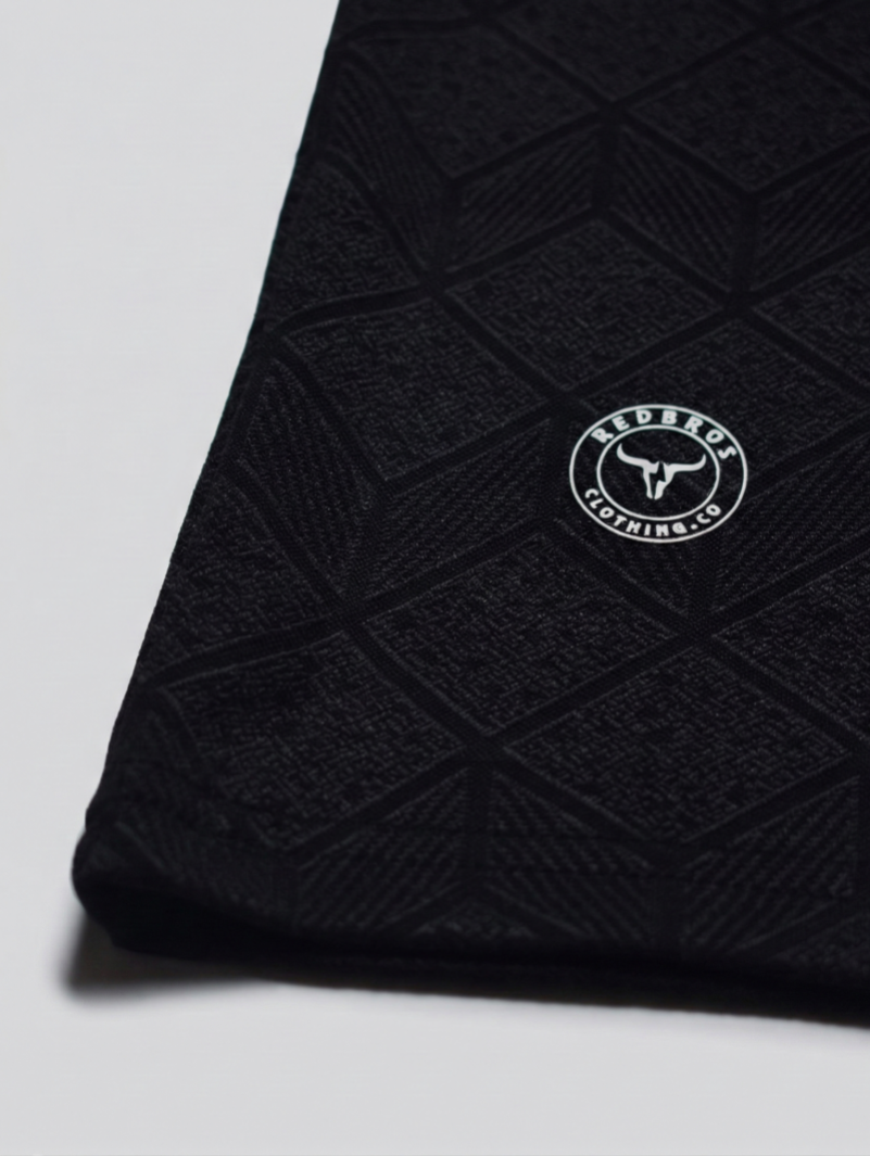 Redbros Black Geometric Cube Pattern Crew Neck T-Shirt for Men - Fabric Detail Close-up