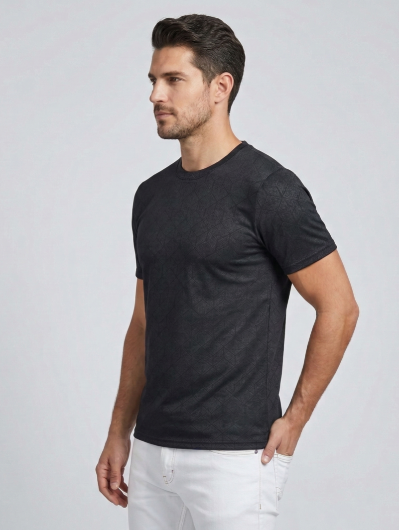 Redbros Black Geometric Cube Pattern Crew Neck T-Shirt for Men - Side View
