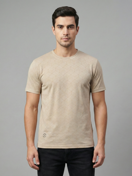 Redbros Beige Geometric Cube Pattern Crew Neck T-Shirt for Men - Front Pose