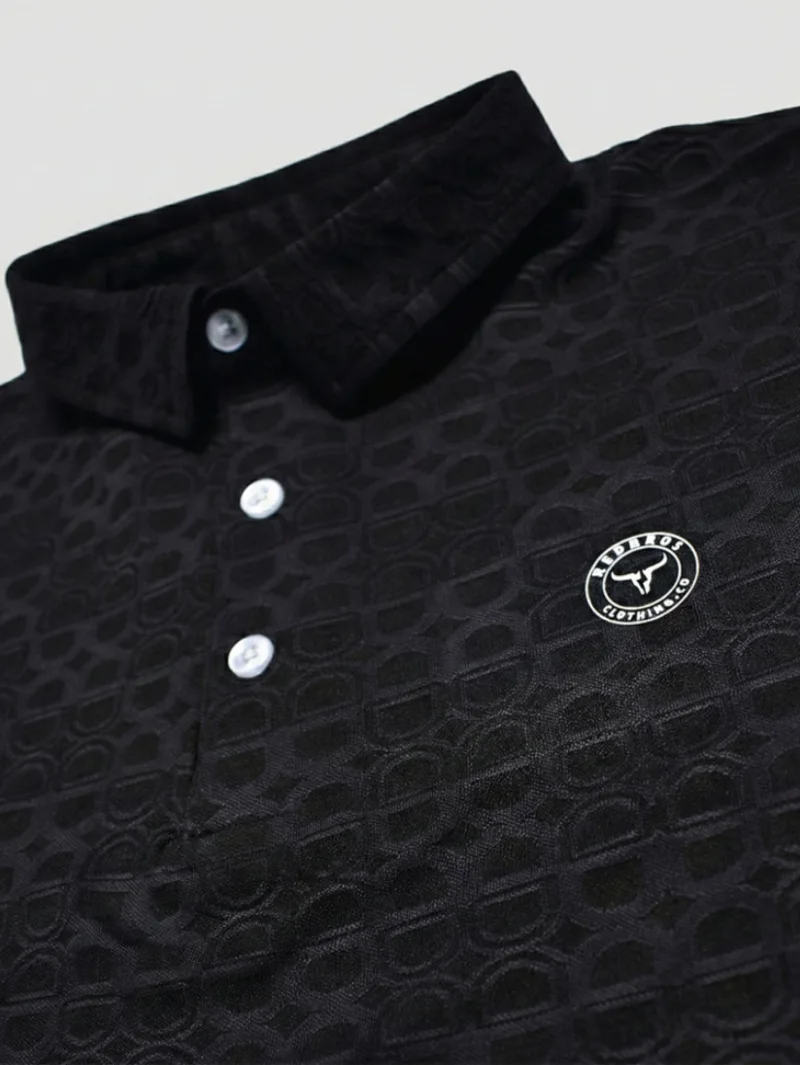 Redbros Black Polo T-Shirt High-Fidelity Fabric Detail Showing Interlocking Geometric Pattern and Collar