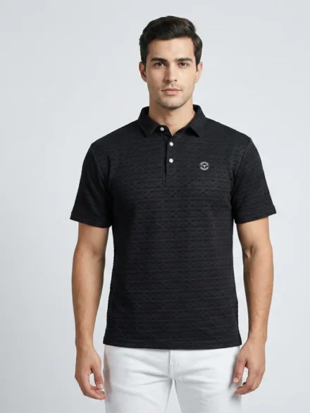 Redbros Black Geometric Pattern Polo T-Shirt for Men - Front Pose