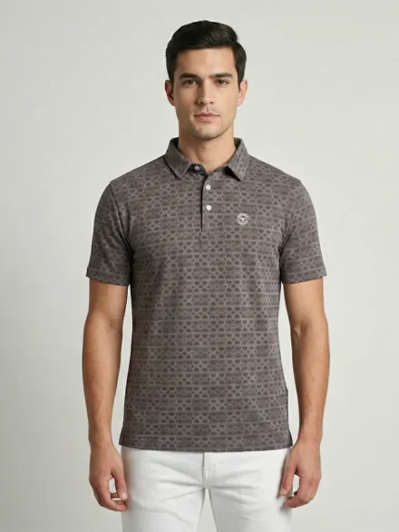 Redbros Brown Geometric Pattern Polo T-Shirt for Men - Front Pose