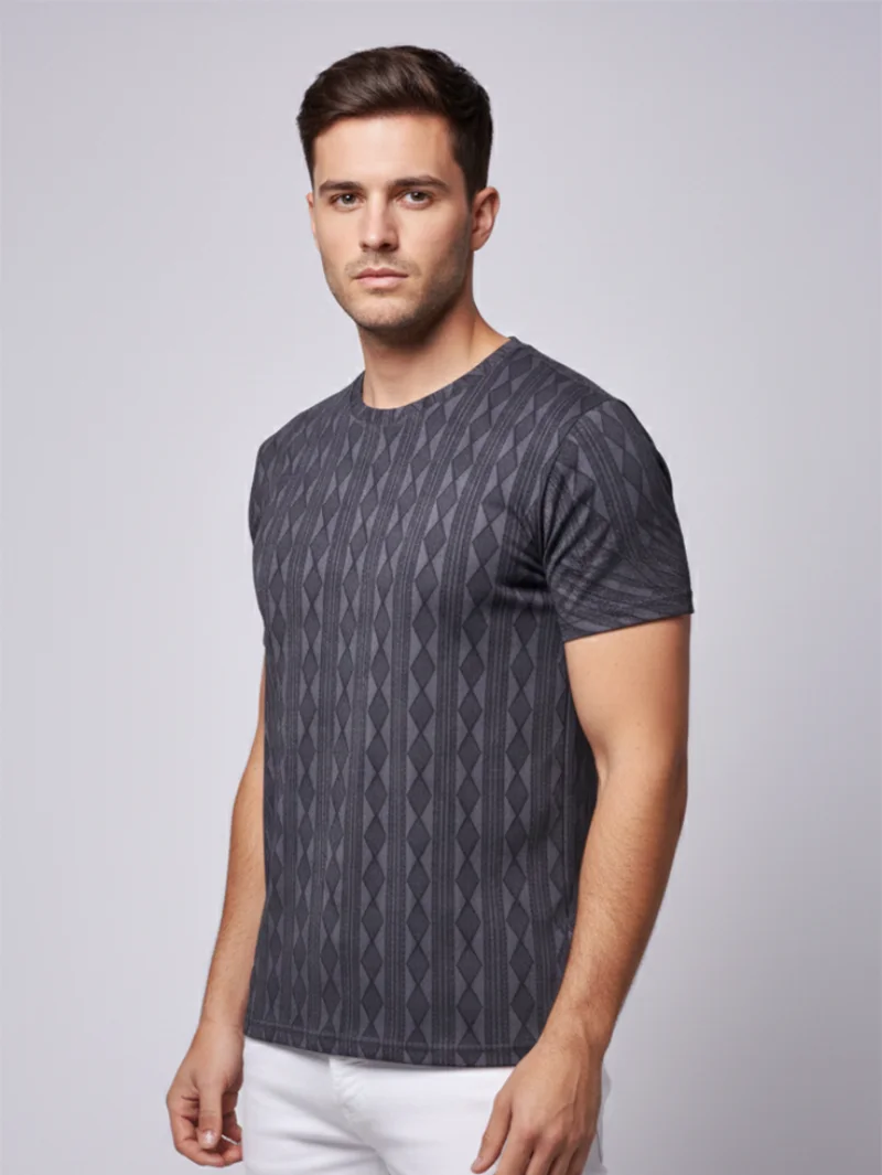 Redbros Charcoal Grey Vertical Geometric Stripe Crew Neck T-Shirt for Men - side Pose
