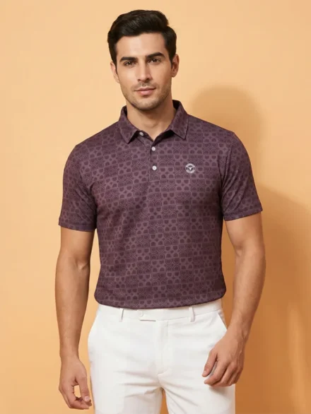 Deep Maroon Designer Polo T-Shirt for Men Featuring Geometric Pattern - Front Pose
