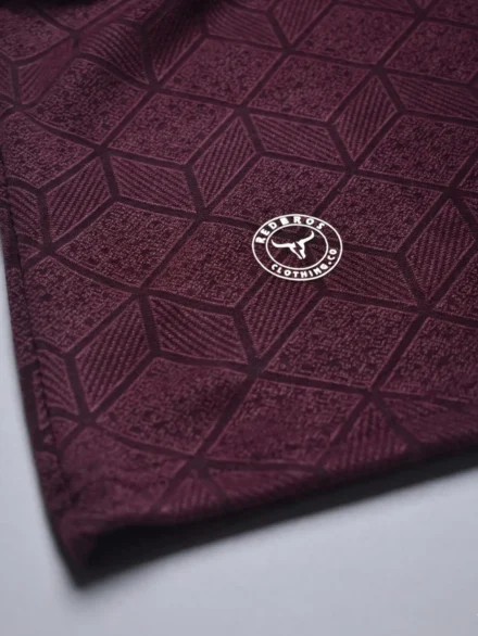 Redbros Deep Maroon Geometric Crew Neck T-Shirt High-Fidelity Fabric Detail Showing Interlocking Weave and Stitching