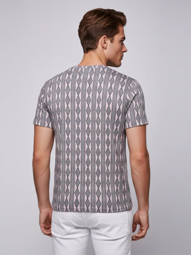 Redbros Dusty Pink Vertical Geometric Stripe Crew Neck T-Shirt for Men - Back Pose
