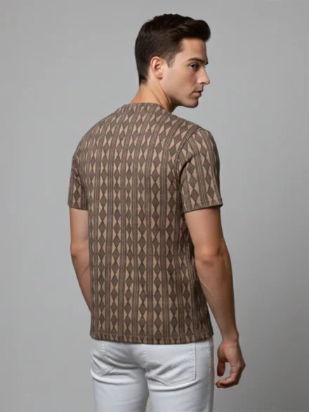 Redbros Hazelnut Brown Vertical Geometric Stripe Crew Neck T-Shirt for Men - Back Pose