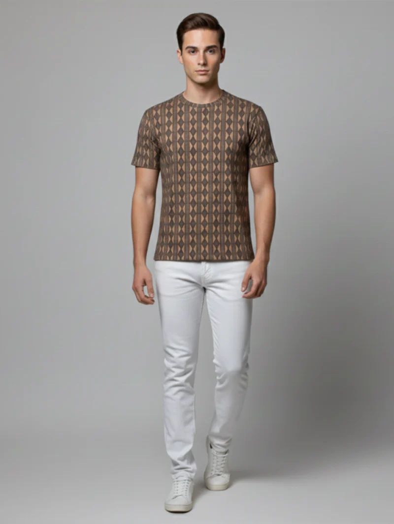 Redbros Hazelnut Brown Vertical Geometric Stripe Crew Neck T-Shirt for Men - Full view