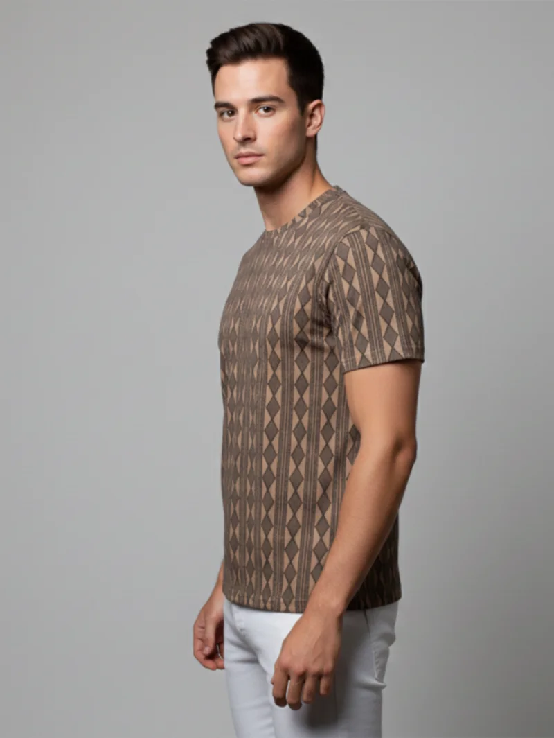 Redbros Hazelnut Brown Vertical Geometric Stripe Crew Neck T-Shirt for Men - side view
