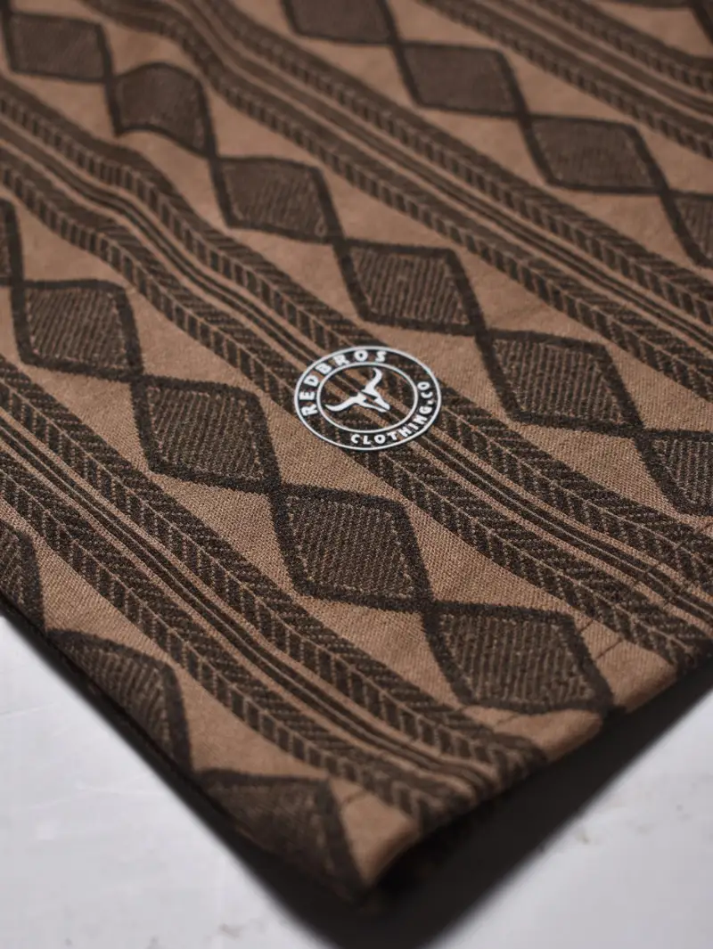 Redbros Hazelnut Brown Geometric Crew Neck T-Shirt High-Fidelity Fabric Detail Showing Vertical Diamond Pattern and Stitching