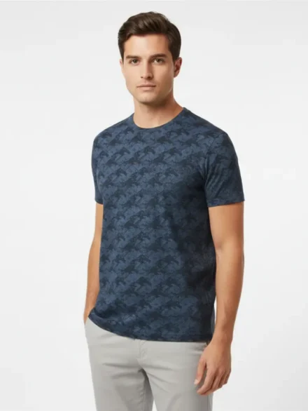 Redbros Navy Blue Abstract Crew Neck T-Shirt High-Fidelity Fabric Detail Showing Mottled Pattern and Stitching