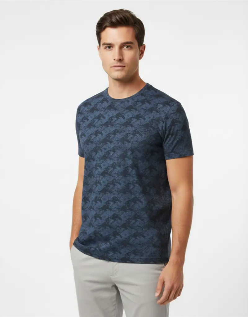 Redbros Navy Blue Abstract Crew Neck T-Shirt High-Fidelity Fabric Detail Showing Mottled Pattern and Stitching