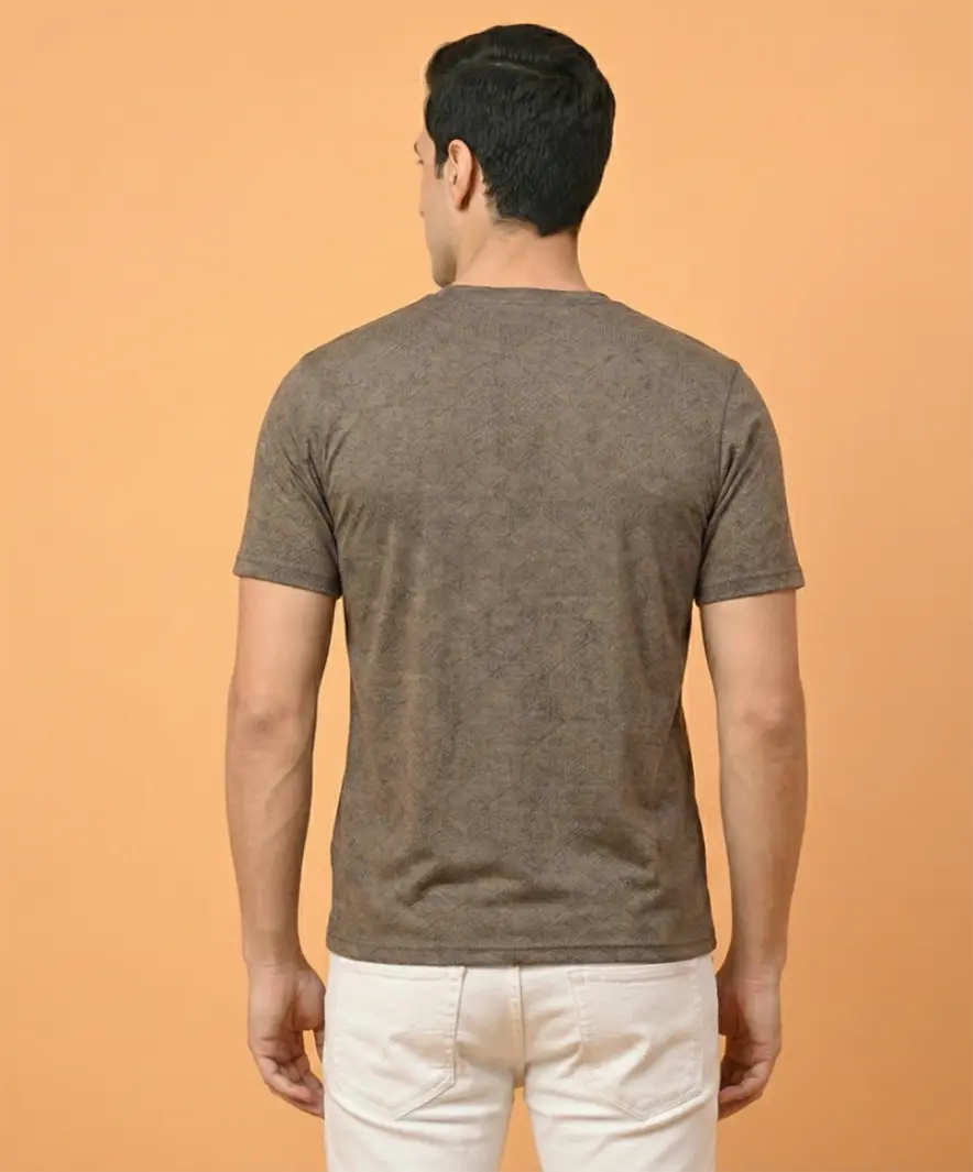 Redbros Olive Green Geometric Cube Pattern Crew Neck T-Shirt for Men - Back Pose