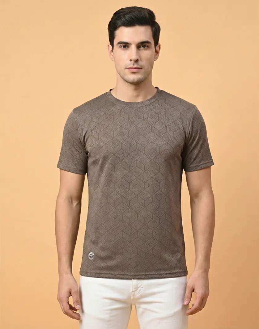 Redbros Olive Green Geometric Cube Pattern Crew Neck T-Shirt for Men - Front Pose