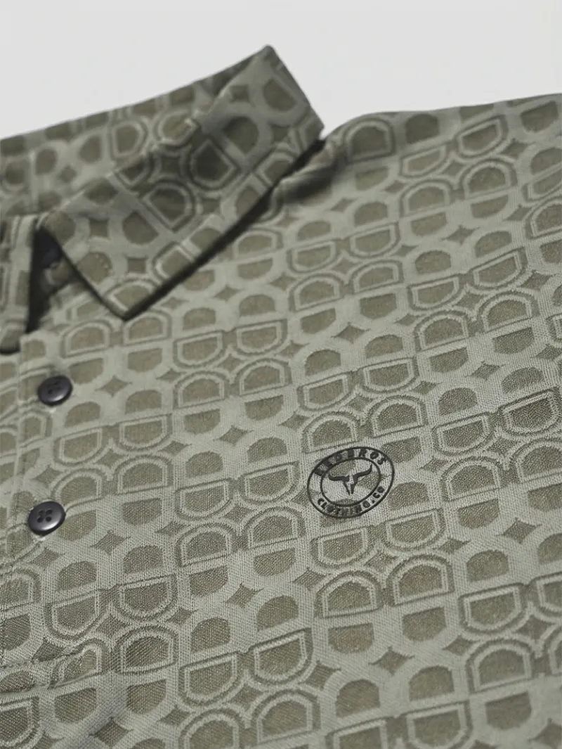 Redbros Sage Green Polo T-Shirt High-Fidelity Fabric Detail Showing Interlocking Geometric Pattern and Contrasting Buttons