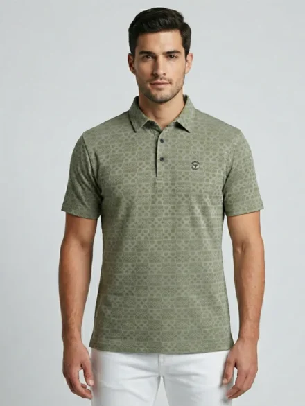 Redbros Sage Green Geometric Pattern Polo T-Shirt for Men - Front Pose