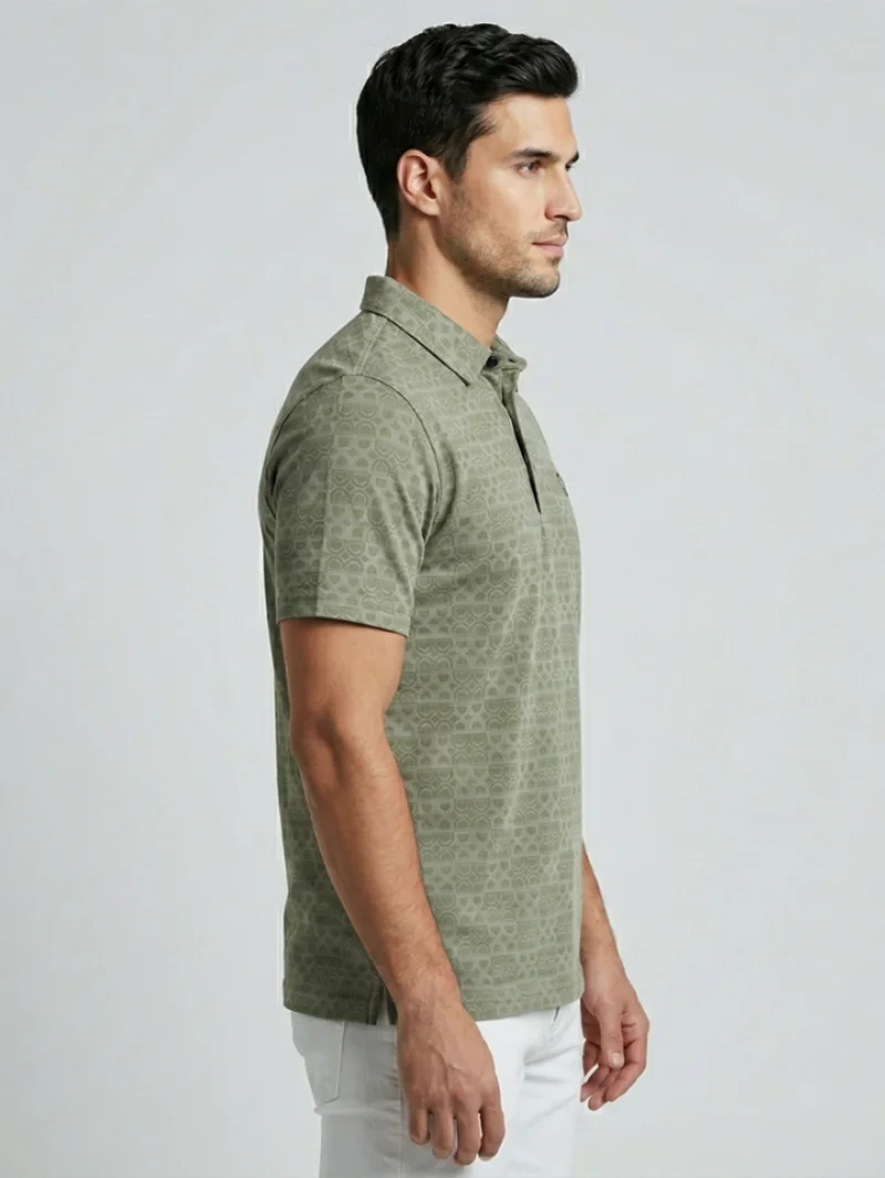 Redbros Sage Green Geometric Pattern Polo T-Shirt for Men - Side Pose