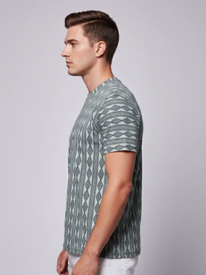 Redbros Sage Green Vertical Geometric Stripe Crew Neck T-Shirt for Men - Side pose.