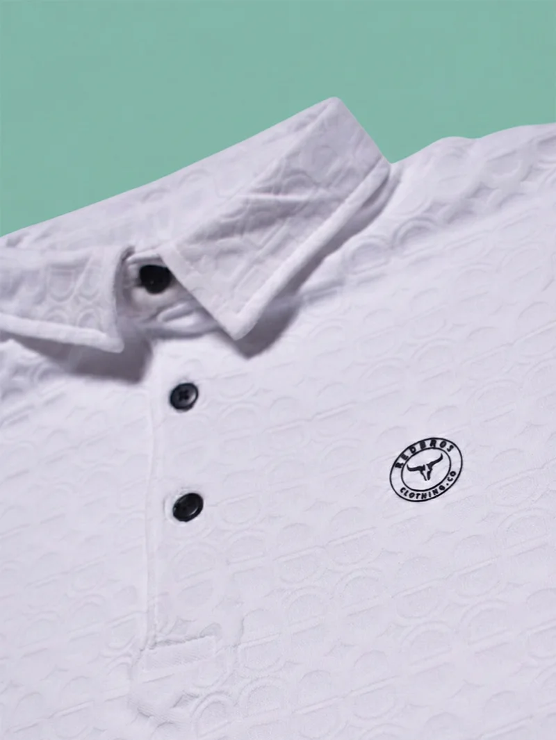 Redbros White Polo T-Shirt High-Fidelity Fabric Detail Showing Interlocking Geometric Pattern and Contrasting Buttons