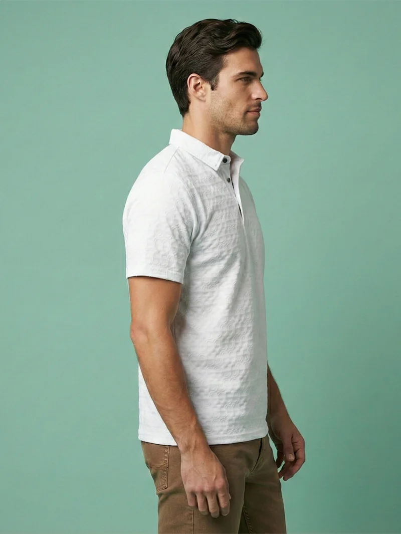 Redbros Crisp White Geometric Pattern Polo T-Shirt for Men - Side Pose