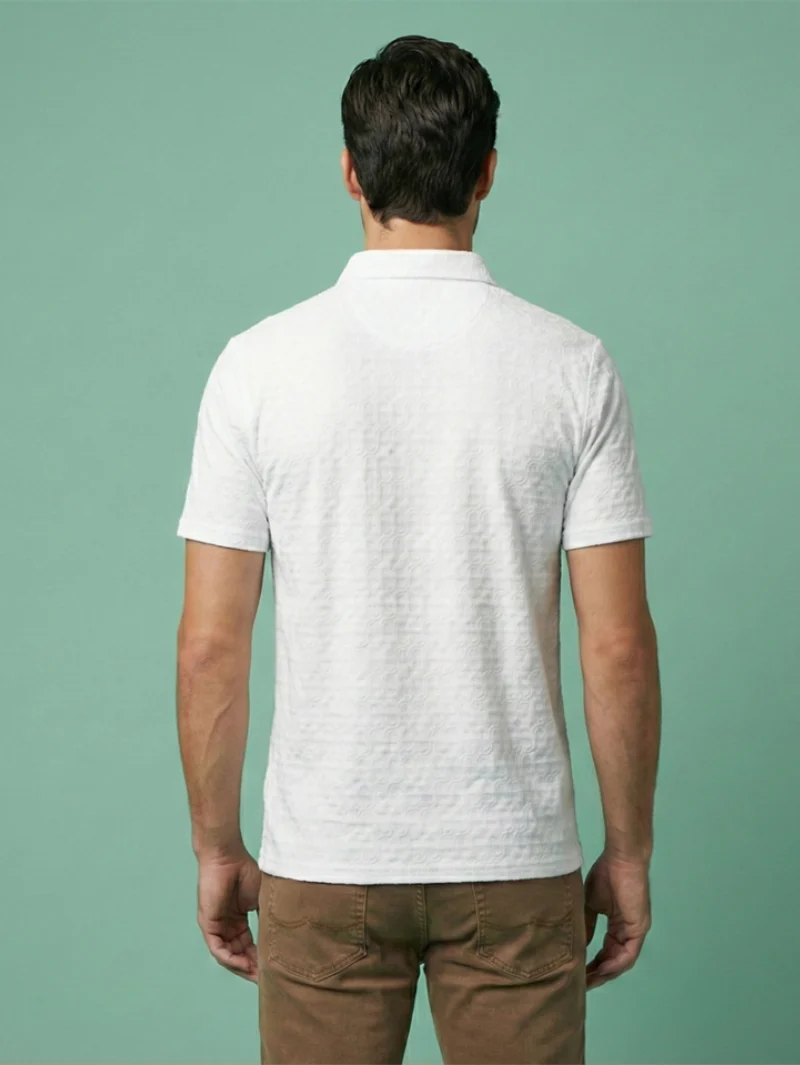 Redbros Crisp White Geometric Pattern Polo T-Shirt for Men - Back Pose